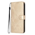 thumbnail image 2 of For Apple iPhone 16e / iPhone 17e 6.1" Flower Embossed Buckle Case, Card Slots/Pocket, PU Leather Flip Wallet Case With Short Wrist Strap,Gold,For iPhone 16e / 17e, 2 of 7