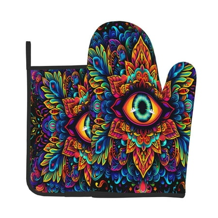 

Xecao Vibrant Psychedelic Eye Pattern Oven Mitts and Pot Holders Sets Heat Resistant Silicone Oven Mittens Extra Thicken Long Kitchen Cotton Oven Glove for Cooking