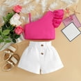 thumbnail image 2 of AJTQTH 2PC Set for Girls Adjustable Strap One-Shoulder Flutter Sleeve Crop Tops Tees and Button Closure Wide-Leg Rolled-Up Shorts Summer Cotton Comfy Cute Clothes Hot Pink 3 Years, 2 of 9