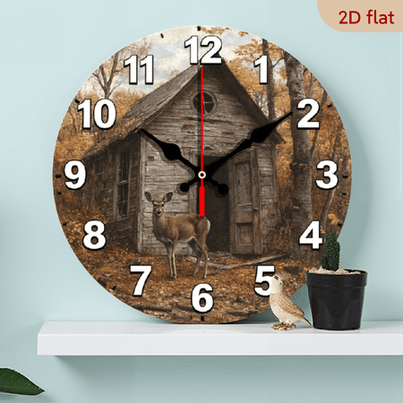 A 10-inch 2D flat wooden silent wall clock with the theme of Red Deer and Log Cabin is an excellent choice for decorating the interior walls and also a wonderful gift for special occasions.