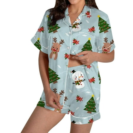 JIANJIA Womens Pajama Sets Christmas Cartoon Print Silk Satin Lapel Short Sleeve Tops With Shorts Sleepwear Daily-Wear