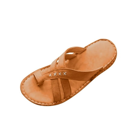 CHOII Clearance PU Leather Shoes for Womens Orthopedic Bunion Corrector Sandals Casual Summer Soft Ring Slides Flip Flops Open Toe Flat Comfortable Summer Flat Slippers Thong Sandals Light Brown/6.5