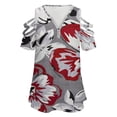 thumbnail image 4 of Flower Red Grey Texture Womens Summer V Neck Zipper Top Short Sleeve T Shirt Off Shoulder Top Casual Classy Loose Shirts, 4 of 7