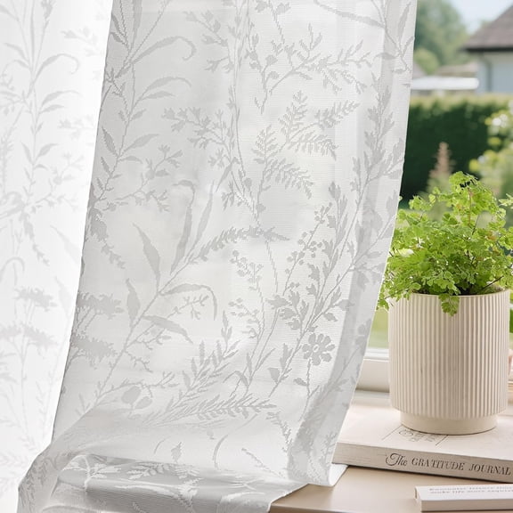 White Semi Sheer Light Filtering Curtains 84 Inches Long 2 Panels, Leaf Pattern Drapes for Living Room Bedroom, Rod Pocket Sheer Window Treatments with Floral Design, 52x84 Inch