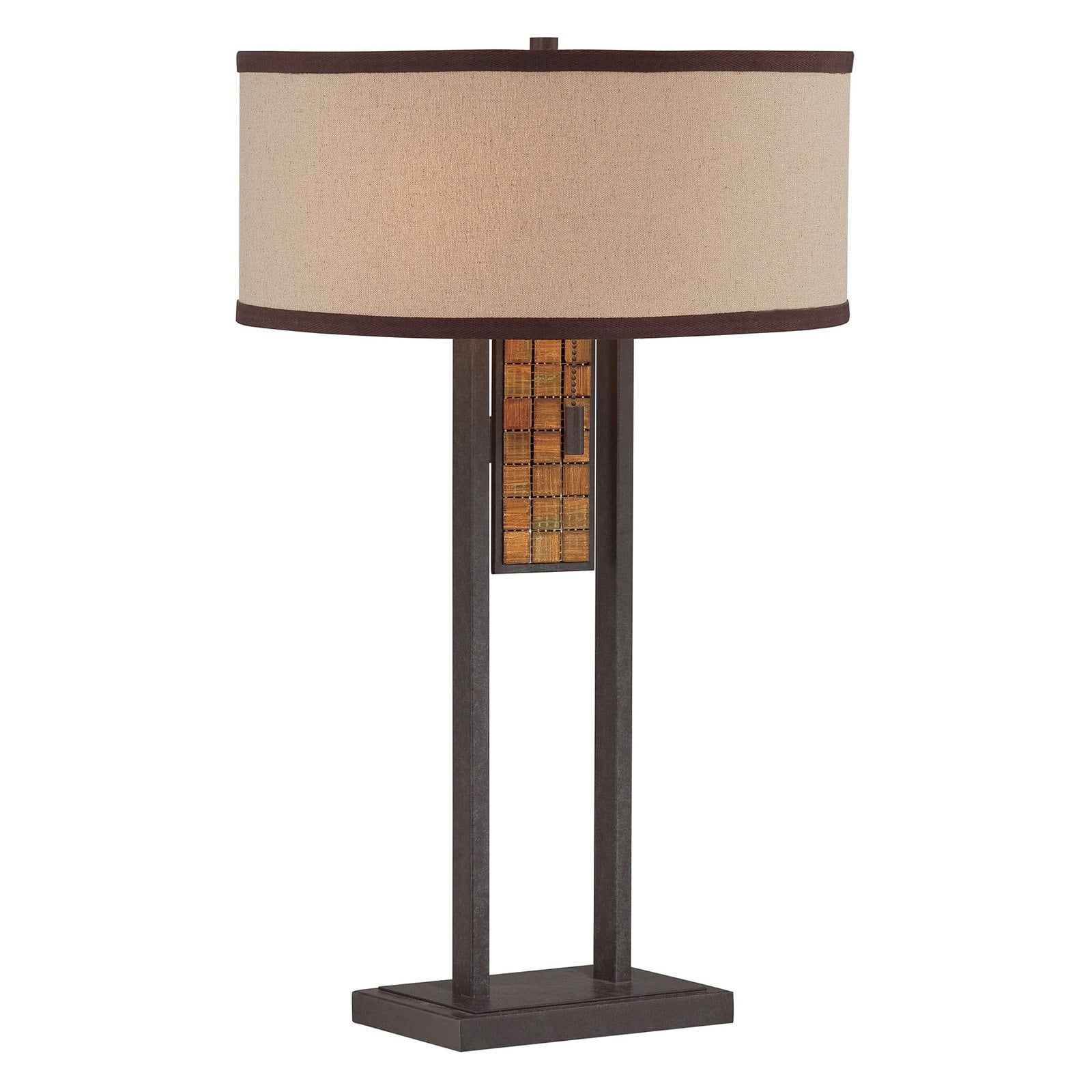 Lite Source Marquetta 2-Light Table Lamp, Aged Bronze Finish with Mosaic Accent and Beige Fabric Shade with Brown Trim