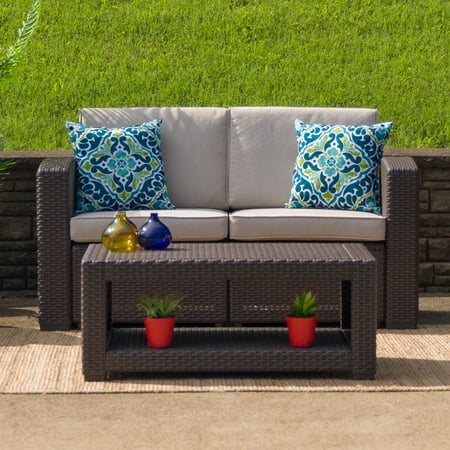 - Flash Furniture Chocolate Brown Faux Rattan Loveseat with All-Weather Beige Cushions