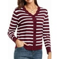 thumbnail image 2 of Women Cardigan Sweaters Long Sleeve Casual Light-Weight Button Down V-Neck Fall Sweater Dark Red Stripe S, 2 of 9