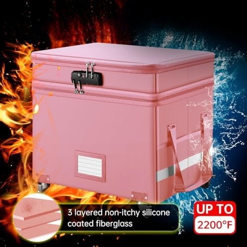 File Box with Lock,2-Layer Fireproof Document Box with Wheels,Collapsible Rolling File Storage Organizer with Pockets,Large Portable Home Office Filing Cabinet Safe for Hanging Folders,Pink