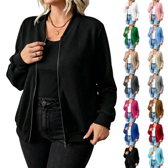 Sevevn Women's Casual Zip Up Bomber Jacket Lightweight Long Sleeve Sweatshirt Coat Crew Neck Loose Fit Outerwear with Pockets Fashion Fall Spring Jacket
