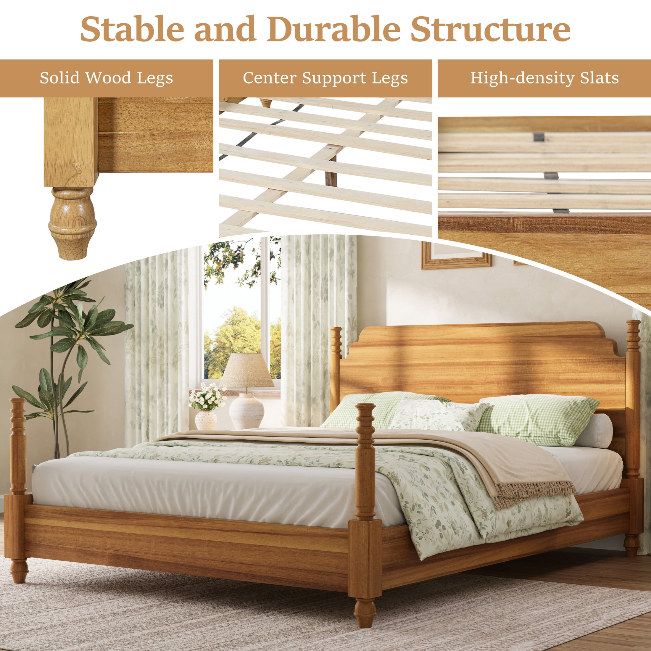 Christopher Knight Home Farmhouse King Platform Bed with Curved Headboard, Turned Legs, Teak Brown