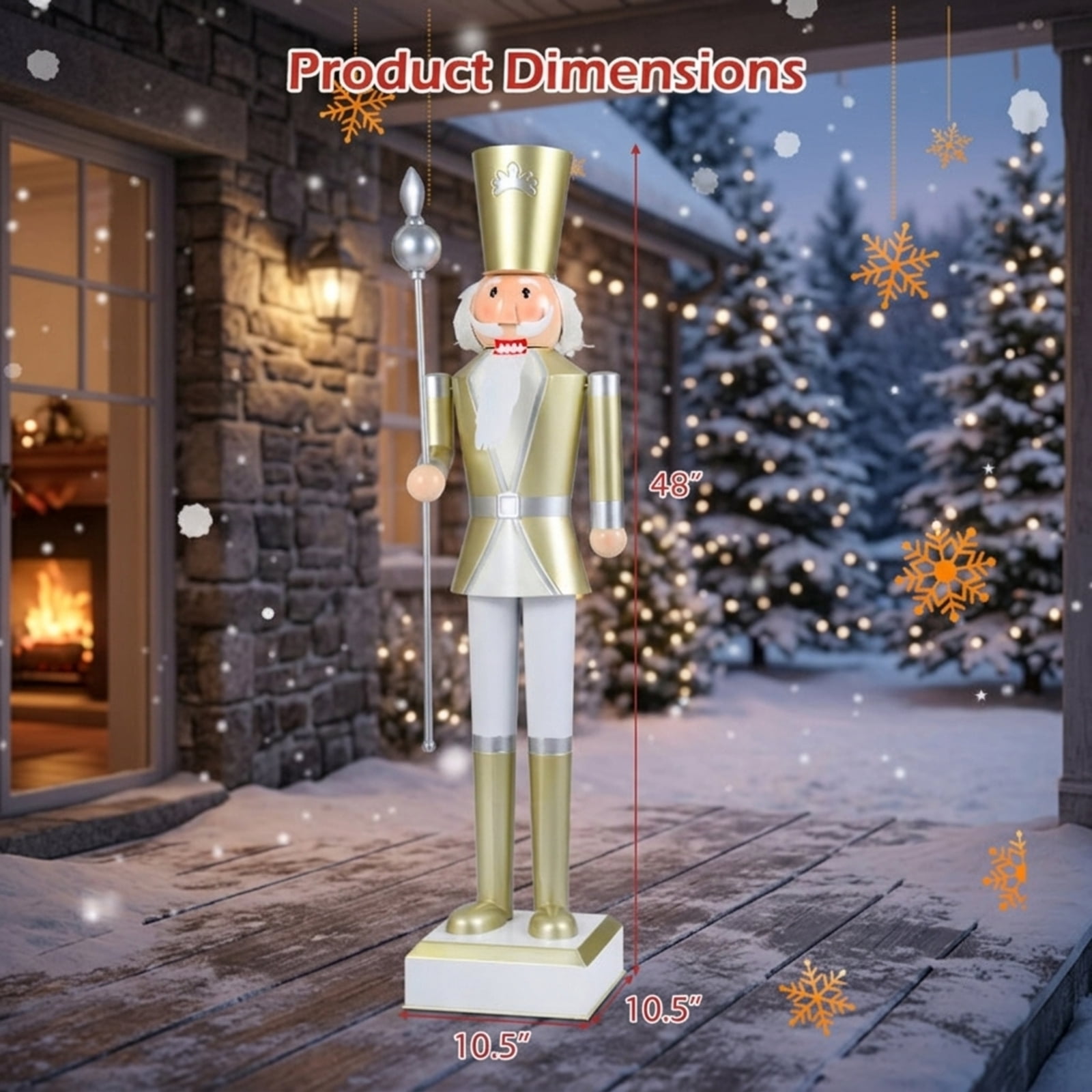 RUIE 4FT Christmas Nutcracker with High Hat and Scepter, White & Golden Metal Nutcracker Soldier with Hidden Storage for Indoor Outdoor Holiday