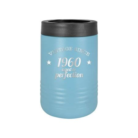 

Vintage Since 1960 Aged to Perfection - Engraved Can Bottle Beverage Holder Cup Unique Funny Birthday Gift Graduation Gifts for Women 60th Birthday Sixty Over the Hill Hilarious 1960 (Bev Baby Blue)