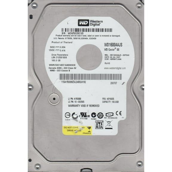 WD1600AAJS-08PSA0, DCM HBRNHTJAAN, Western Digital 160GB SATA 3.5 Hard Drive