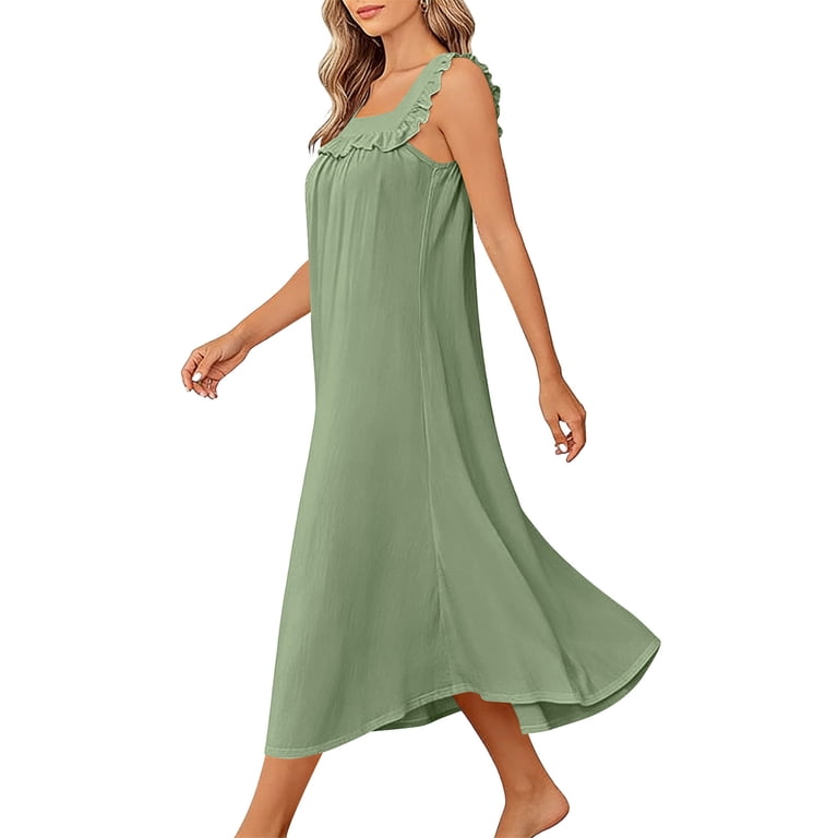 sleeveless night dress cotton QRRLUEN Sleeveless Nightgowns for Women 100% Cotton Night Gowns Soft Victorian Nightgown Long Nightdress Ladies House Dress Sleepwear Print Green S at Amazon Women's Clothing store