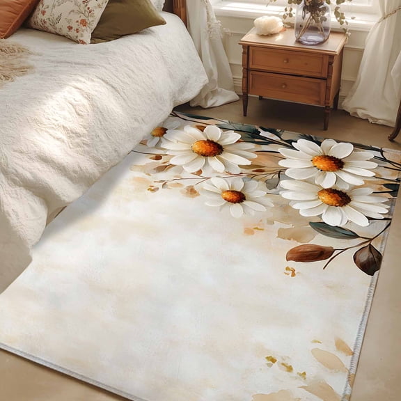 2.7x5 Area Rugs, Spring Floral Non-Skid Rubber Backing Large Rectangle Rugs - Living Room Bedroom Home Office, Daisy Summer Botanical Vintage Flowers Indoor Floor Mat Carpets Washable Rug