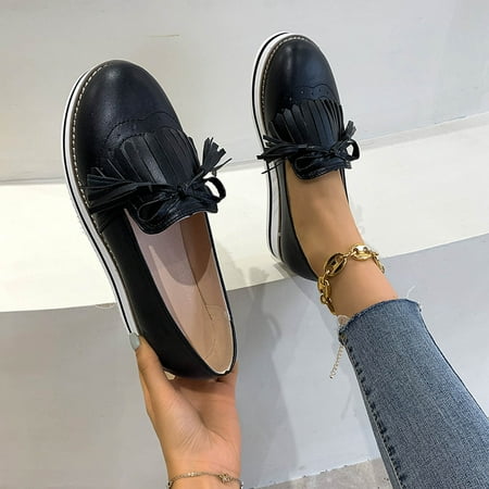 

New Platform Flat Casual Lazy Shoes Round Toe Bow Ladies Tassel Single Shoes