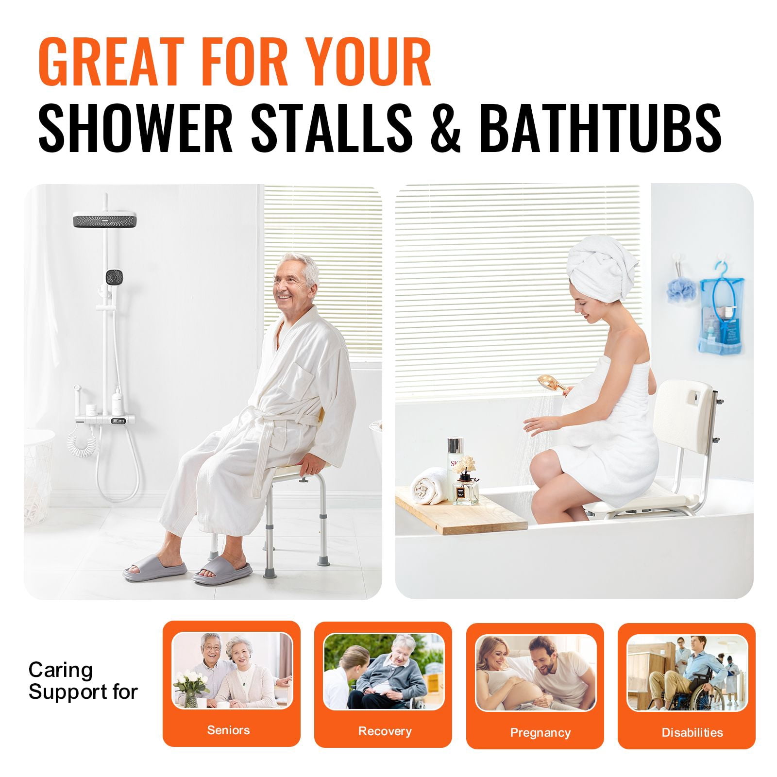 Shower Chair with 350 lbs Capacity, Adjustable Height 15.35-20.47", Non-Slip Feet, Shower Head Holder, Storage Bag for Seniors Disabled
