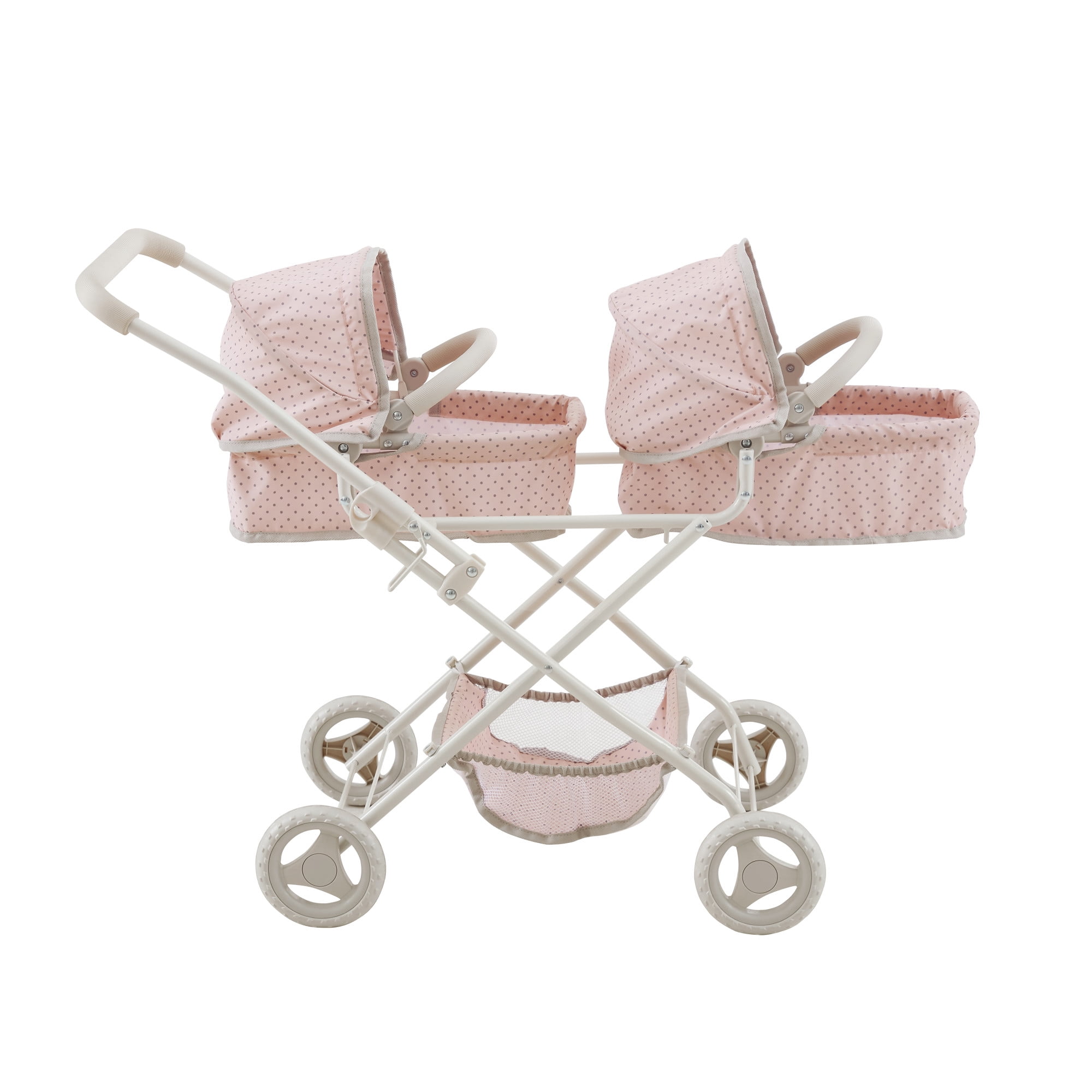 Olivia's Little World Polka Dot Princess Baby Doll Twin Bassinet Stroller with Retractable Canopy & Storage, Pink/Gray