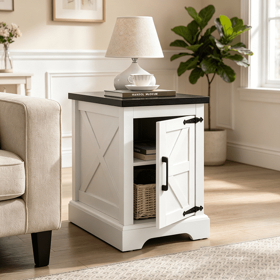 HAOMINS End Table, Farmhouse Wooden Nightstand with Barn Door and Adjustable Storage Shelf for Bedroom, Living Room, Small Space Organization