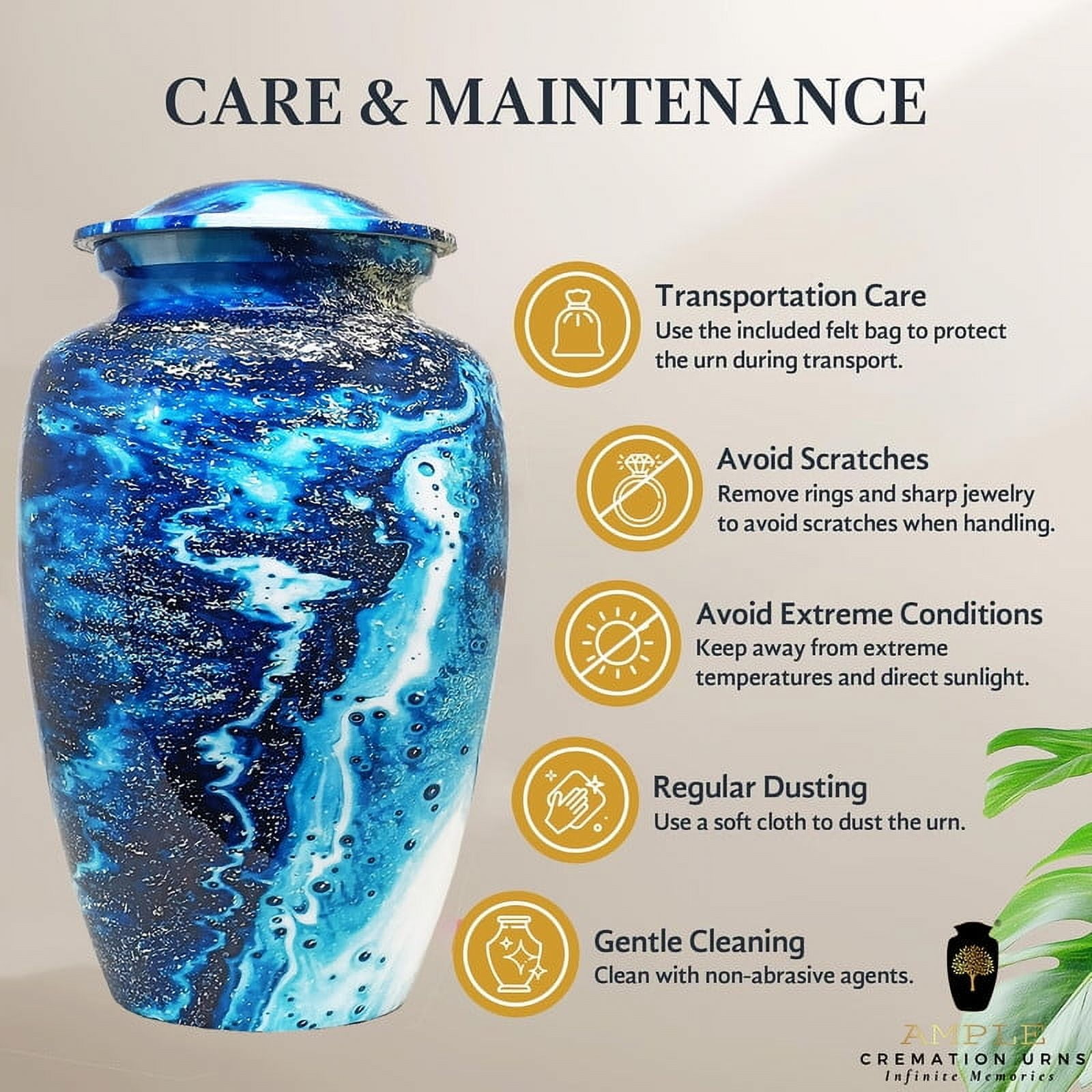 AMPLE CREMATION URNS | Blue Ocean Waves Cremation | Aluminum Urn with Soothing Sea-Inspired Design | Secure Airtight Lid | Memorial Urn for Adult Ashes | 200 lbs. | 6.5 x 10.5 inches | Blue