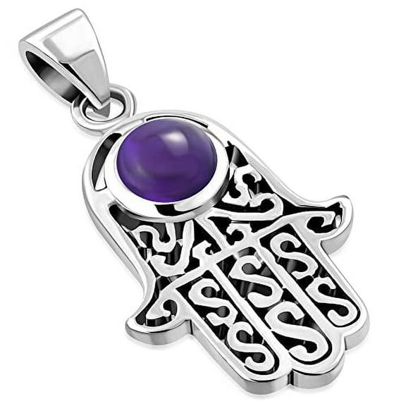 Sterling Silver Amethyst Hamsa Hand Protection Pendant Necklace