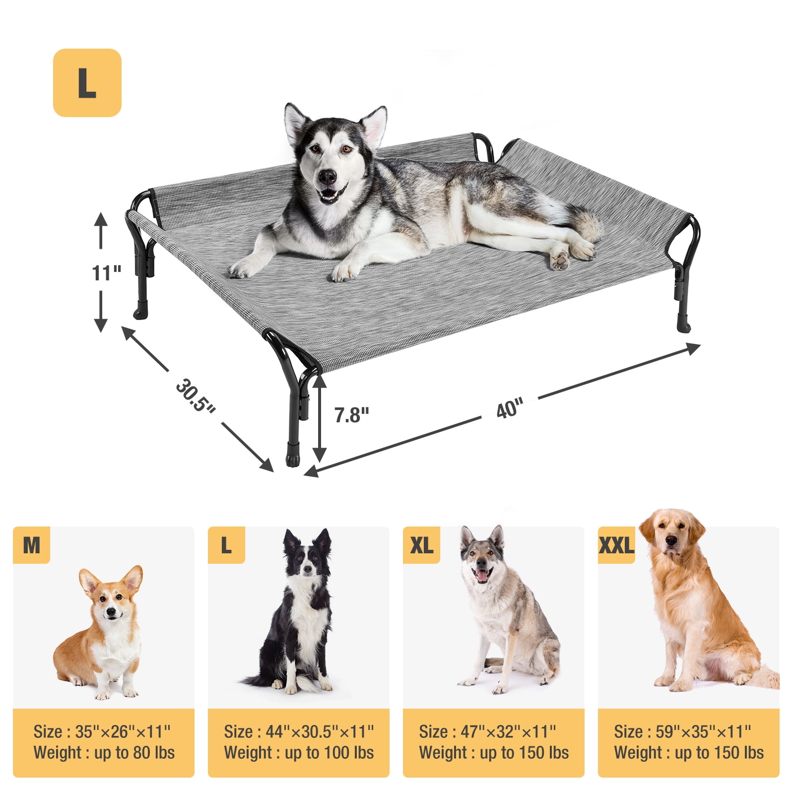 Veehoo Cooling Elevated Dog Bed with Guardrail & Slope Headrest, Teslin Mesh, Large, Black Silver