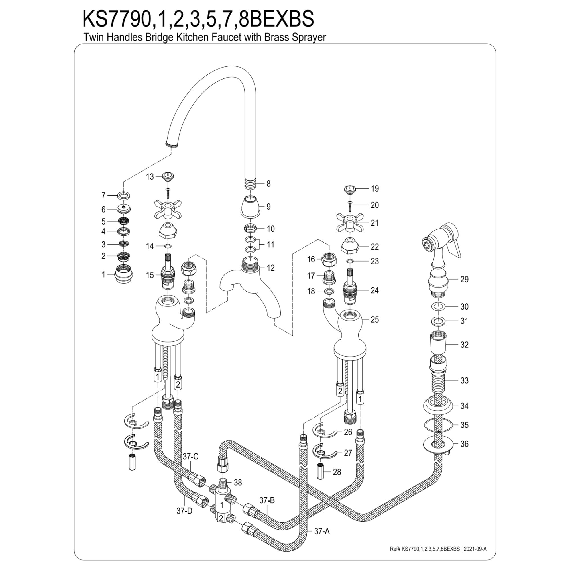 Kingston Brass KS7792BEXBS Essex Two-Handle 3-Hole Deck Mount Bridge Kitchen Faucet with Brass Side Sprayer in Polished Brass