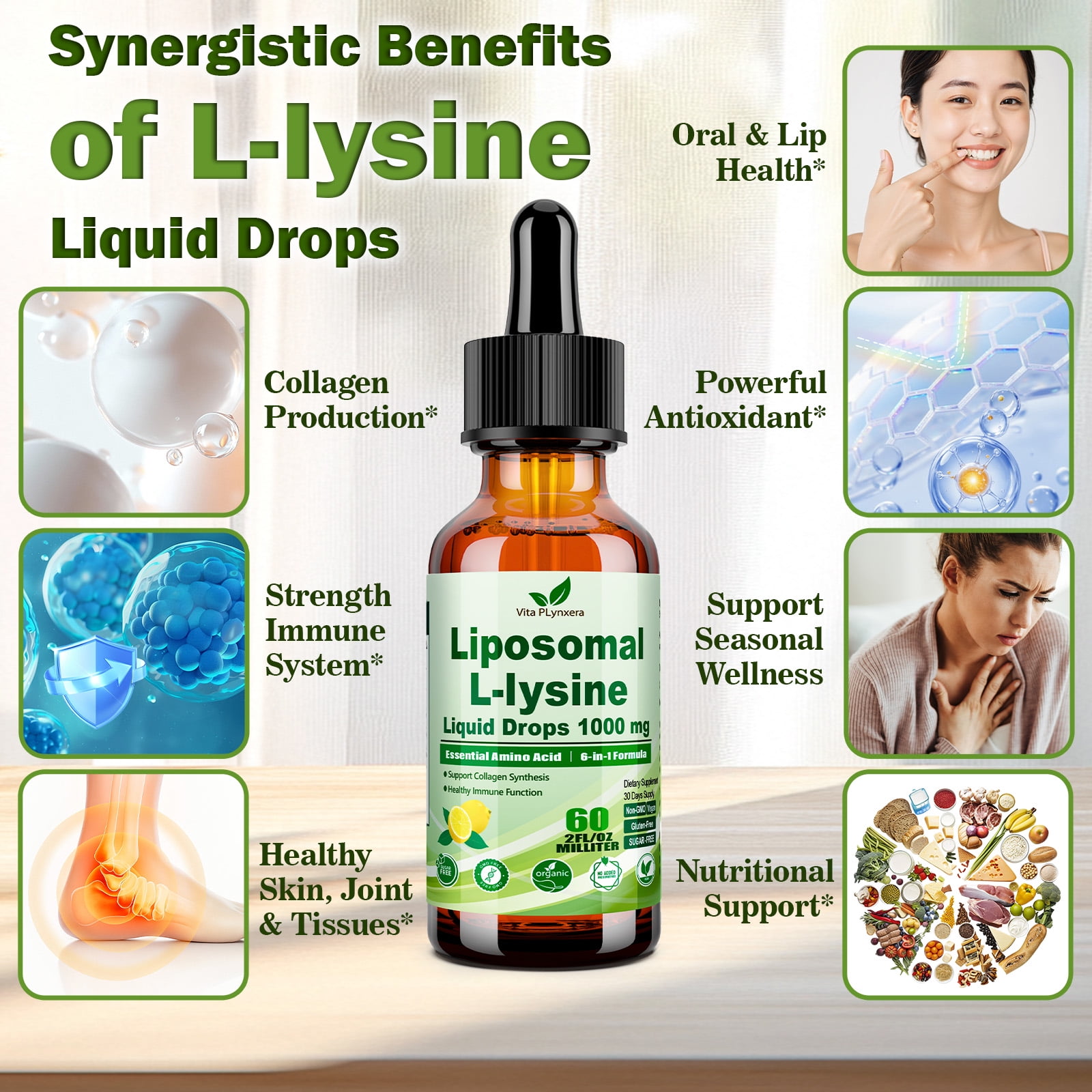 VitaPLynxera L-Lysine 1000mg Liquid Drops with Monolaurin & Immune Support Nutrients* | Essential Amino Acid for Collagen & Protein Synthesis* | Liposomal Formula with Vitamin C, D3, Zinc