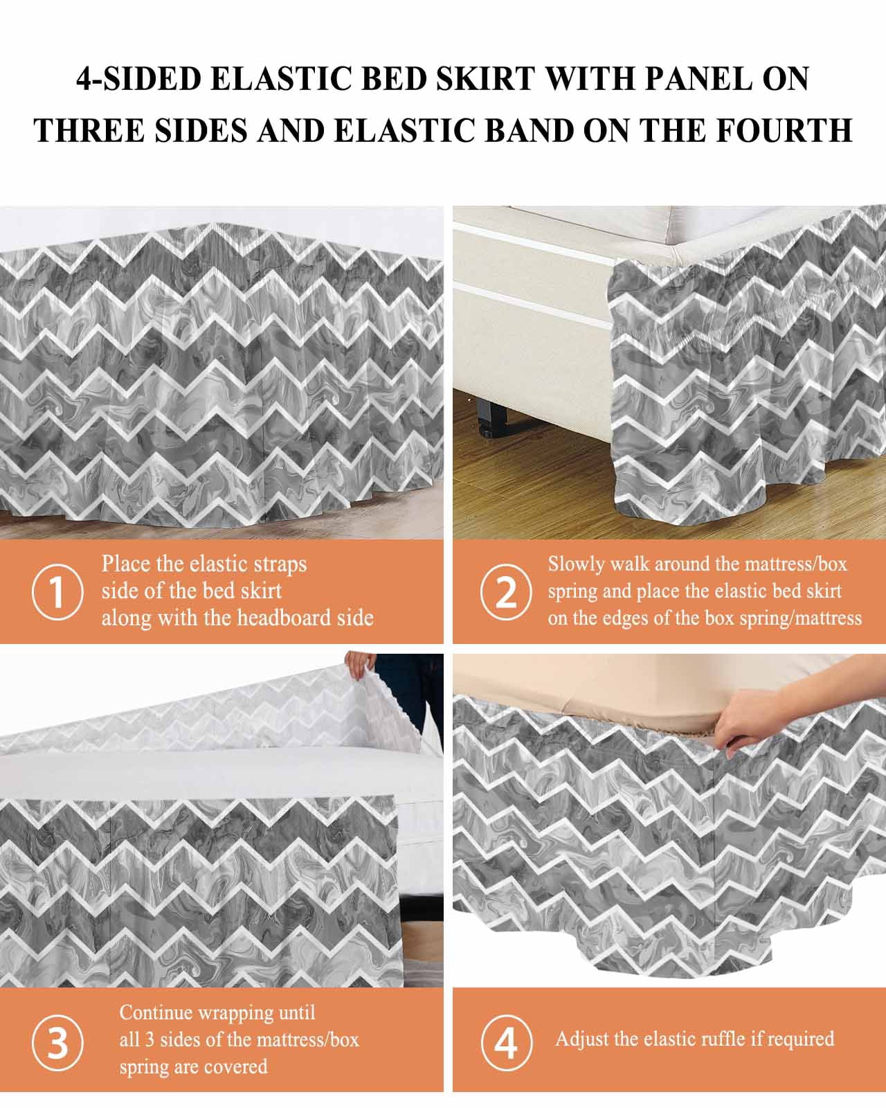 Grey Marble Wrap Around Bed Skirts for Queen Bed 16" Drop,Bed Skirt with Adjustable Elastic Belt Dust Ruffle Bed Valance for Bedroom Hotel Modern Abstract Art Aesthetics Geometric Bed Frame Cover