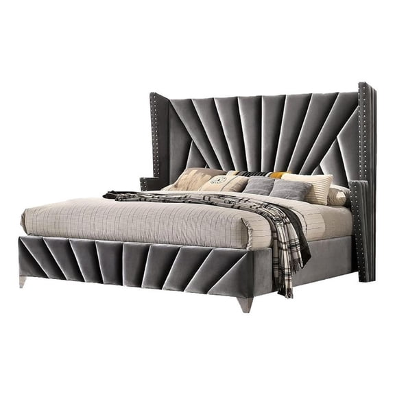 Ino Wingback King Bed-Nailhead Trim-Gray Tufted Velvet Upholstery