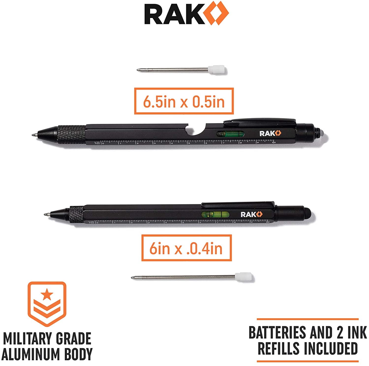 RAK 2-in-1 Multi-Tool Pen Set (2 Pack) Birthday Gifts for Men - LED Light, Stylus, Ruler, Level, Bottle Opener, Screwdriver, Ballpoint - Construction & Tactical Pen, Engineering Gift for men