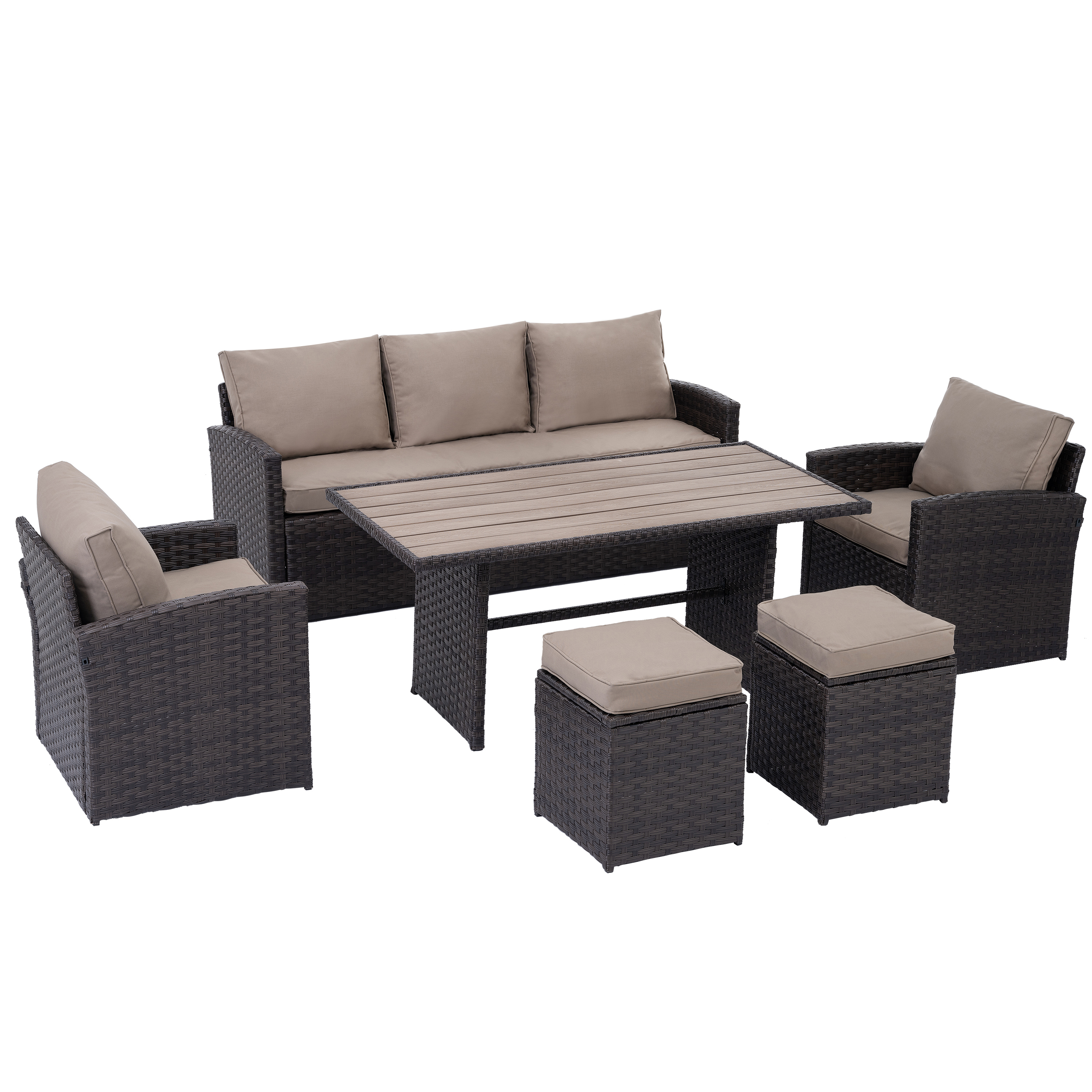 Patio Rattan Dining Table Set, 6 PCS Outdoor PE Wicker Conversation Set, Cushioned Seat Backrest Sofa with 2 Armchair Sofa, 2 Ottoman & Table, Sectional Furniture Set for Garden Porch Deck Patio - image 5 of 9
