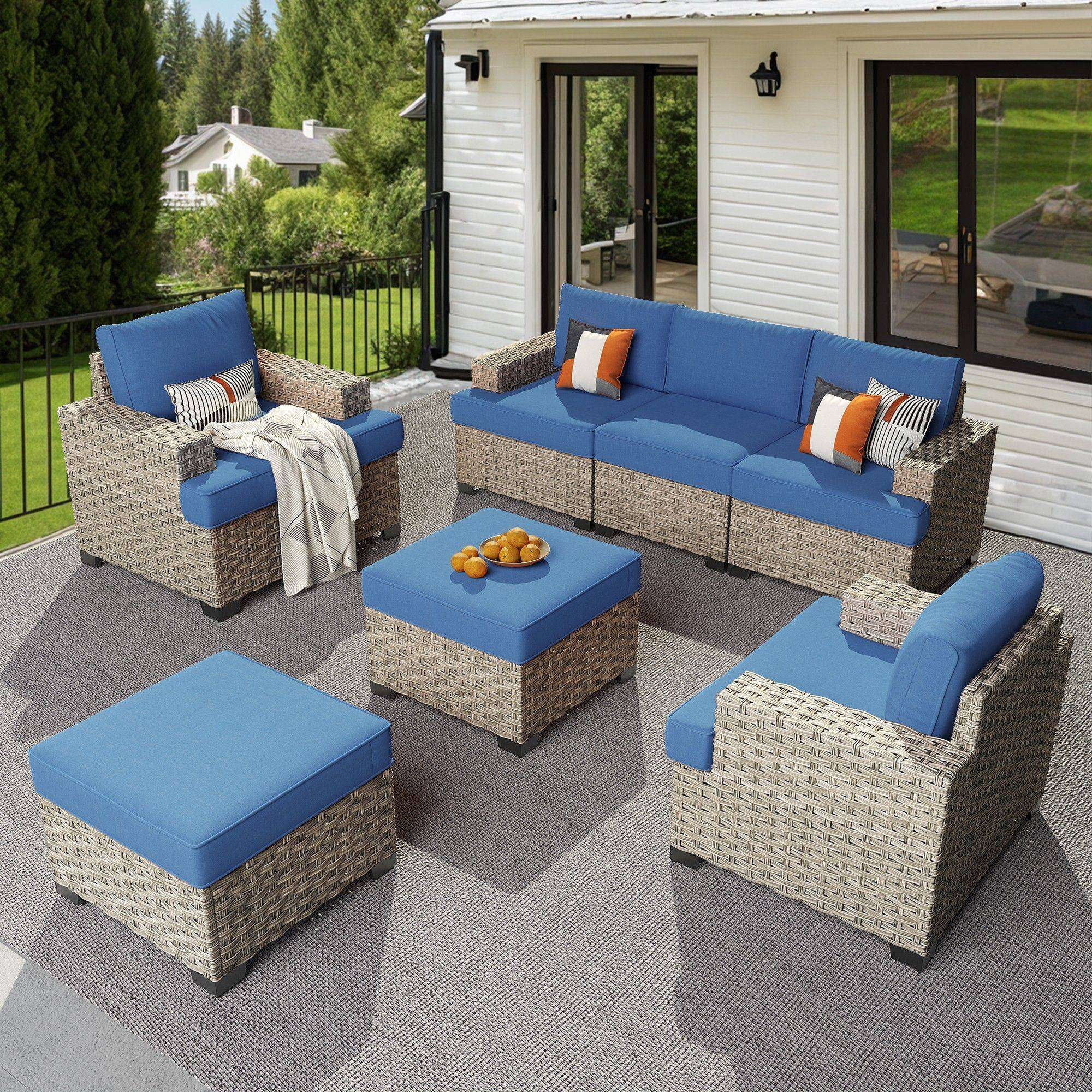 XIZZI Wicker Patio Furniture 7 Pieces Rattan Outdoor Conversation Set All Weather Modular Sectional Sofa Patio Chair Set with Cushion Ottoman for Porch, Diamond Blue