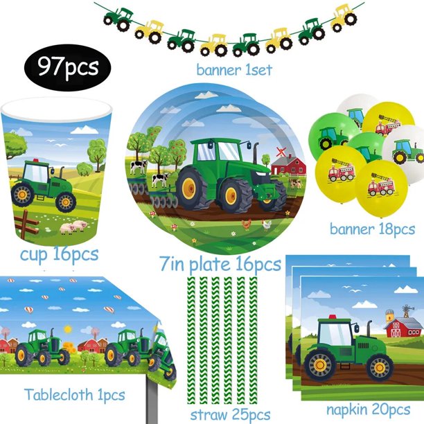 Cubiertos desechables de Tractor verde para fiesta de cumpleaños, platos, vasos, mantel, globos, decoración, suministros para fiestas