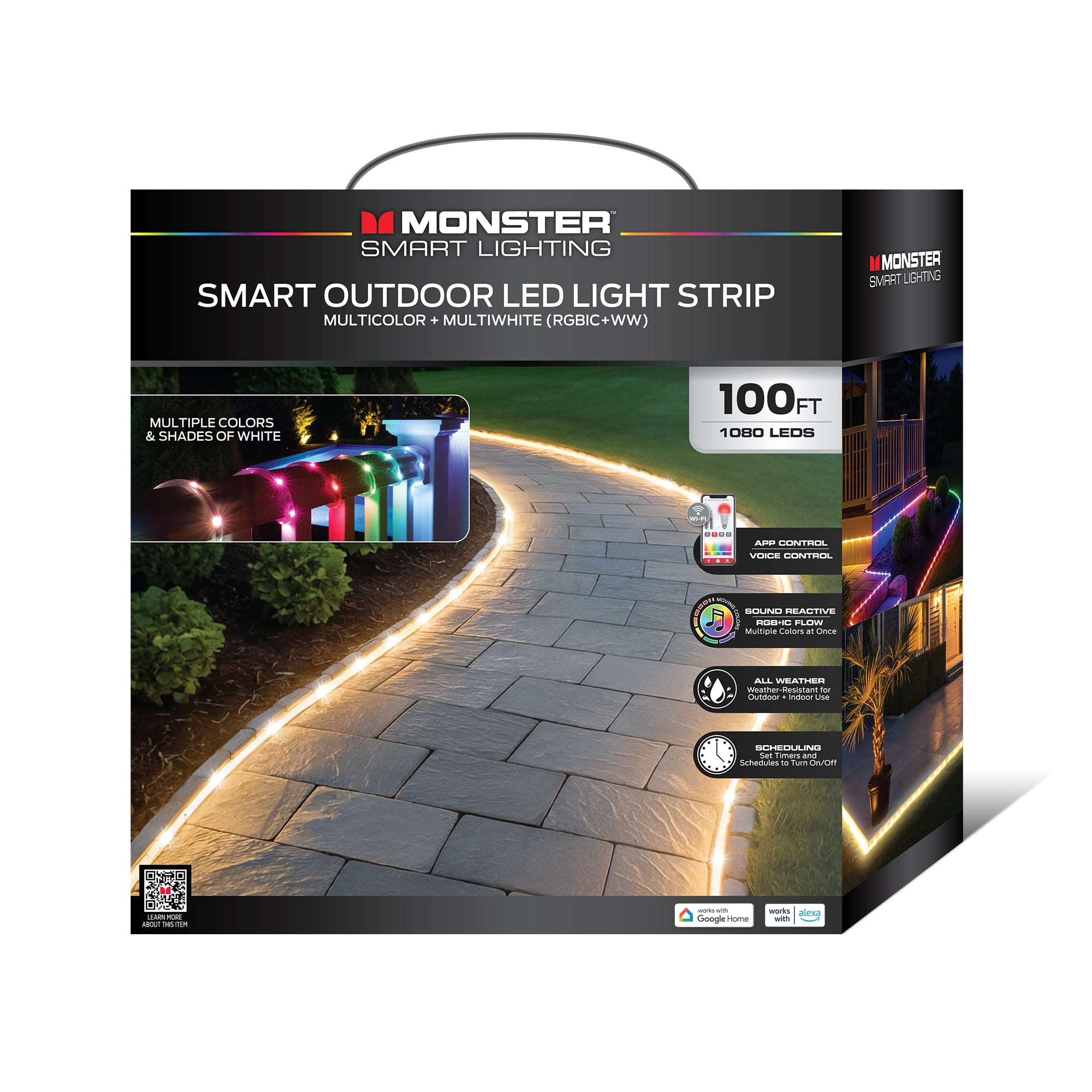 Monster Smart 100ft Outdoor LED Strip Lights, Multicolor Flow LED Lights for Patio & Backyard, App & Voice Control