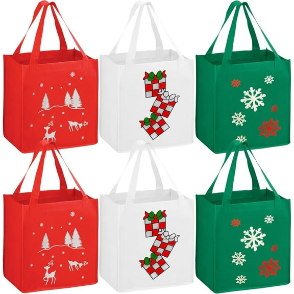 Set of 6 Non-Woven Reusable Fabric Holiday Gift Bags 12"x13"x8.25", Black Duck Brand Three Holiday Prints (6 Bags)