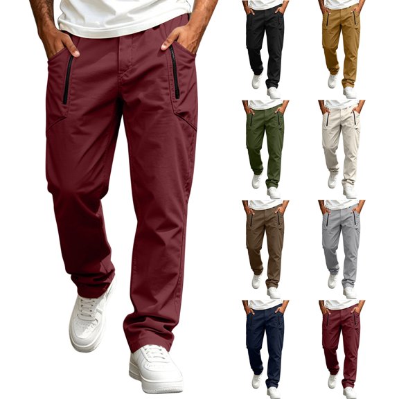 Men's Solid Cargo Pants Elastic Waist Straight Leg Trousers Stretch Work Pants With Zipper Pockets Daily Casual Wear