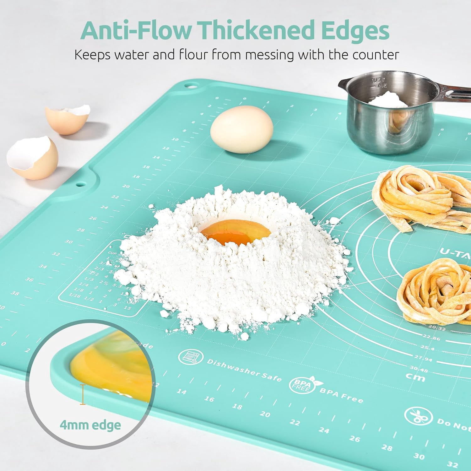 U-Taste Large Silicone Pastry Mat: 20inx16in Food-Grade Non-Stick Dough Rolling Baking Sheet, Non Slip for Kneading Prep Pizza, Fondant, Pie Crust with Clear Measurement and Raised Edges (Aqua Sky)