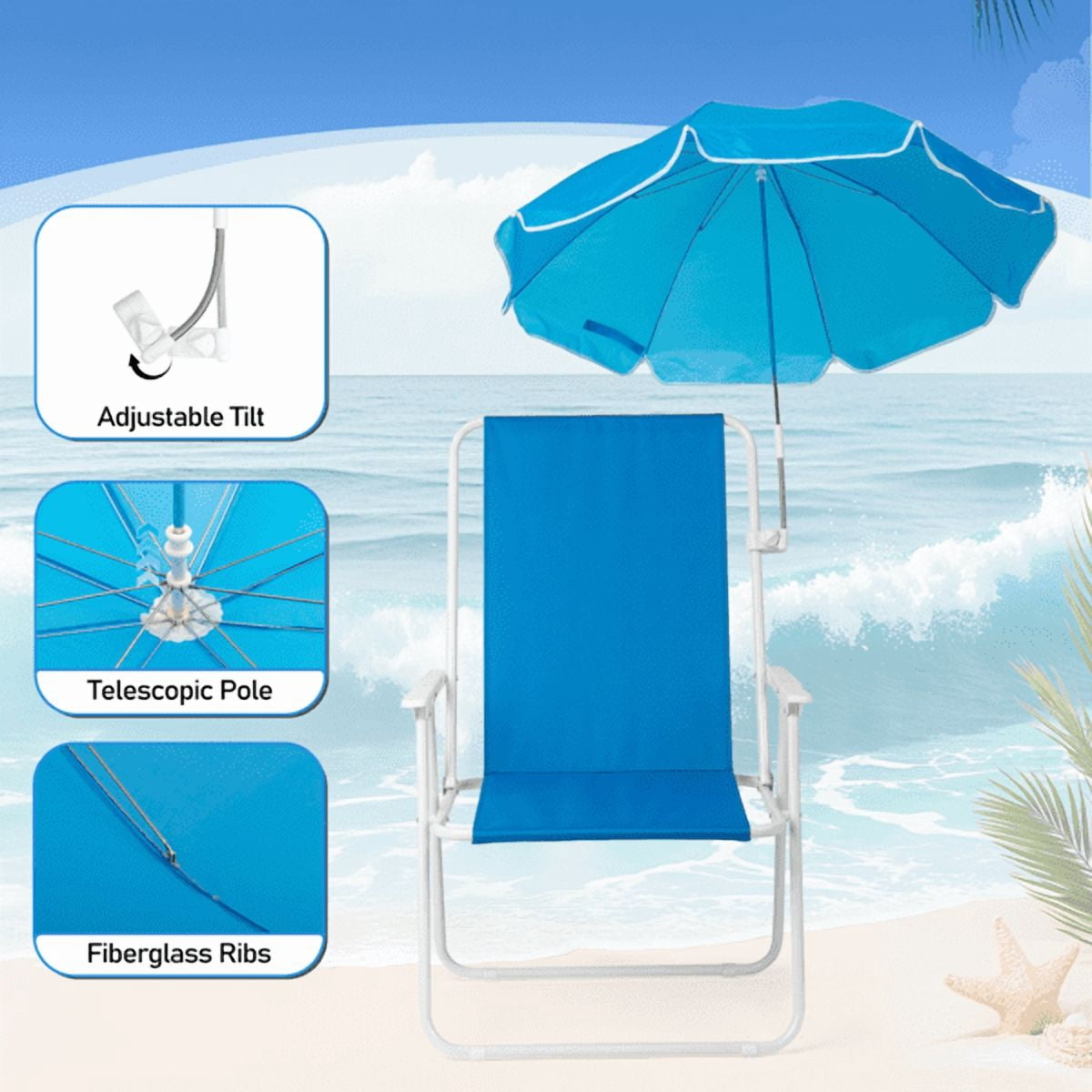 Alvantor Folding Beach Chair with Detachable Umbrella for Adults High Back Portable Outdoor Chair Blue