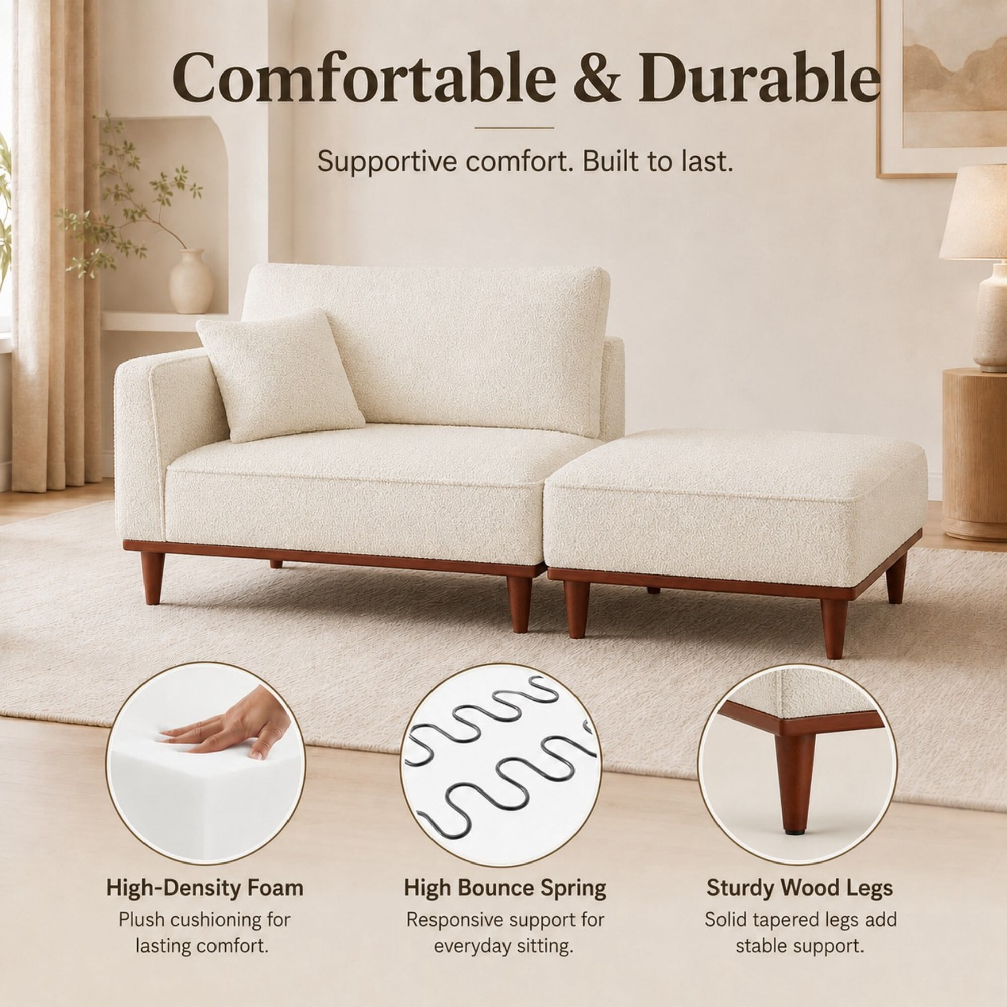 DEALTOPS Convertible Boucle Upholstered Chaise Lounge Chair with Ottoman for Living Room Bedroom, Cream