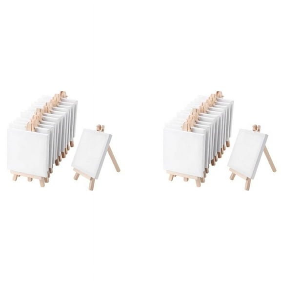 4 By 4 Inch Mini Canvas and 8 x 16cm Mini Wood Easel Set for Painting Drawing School Student Artist Supplies, 24 Pack
