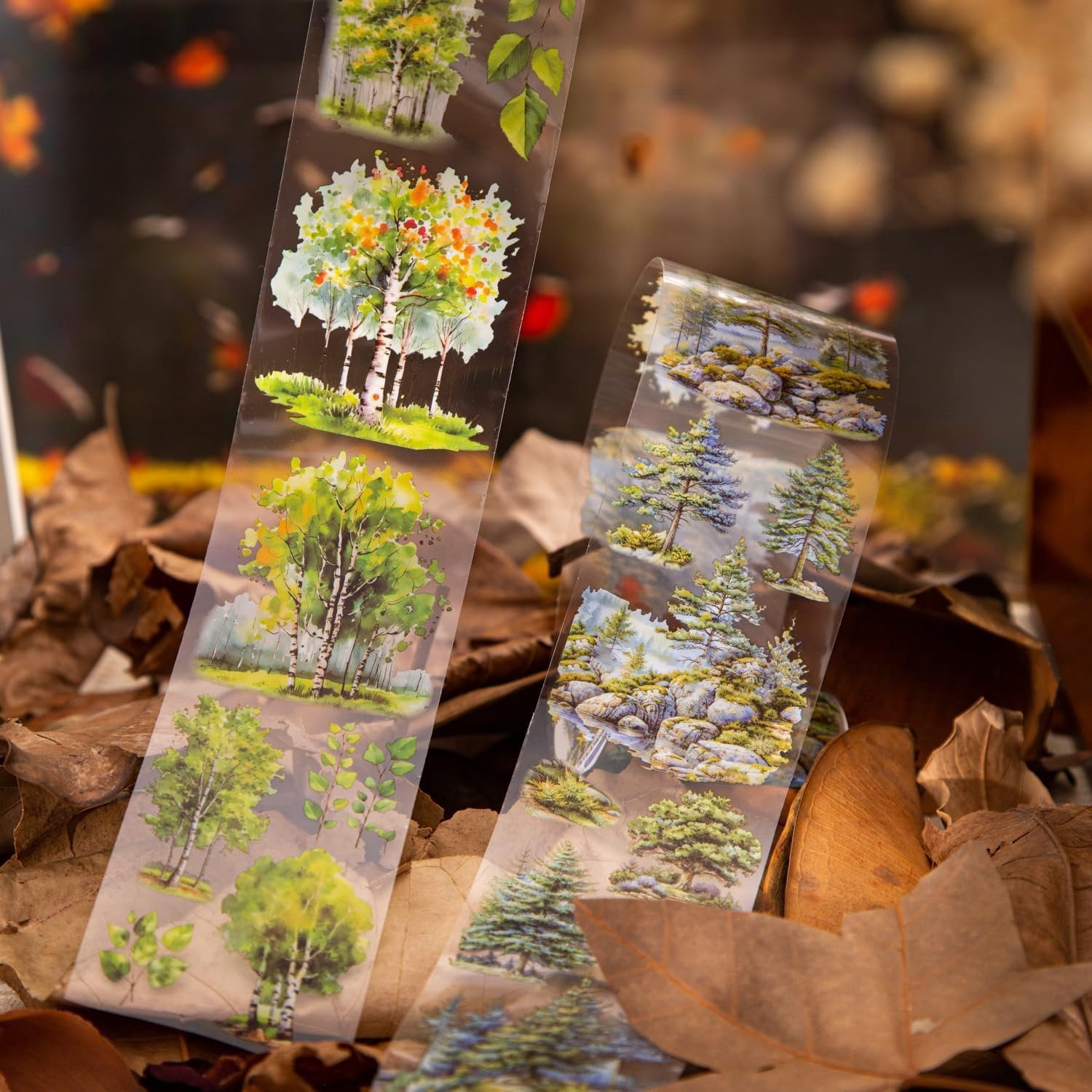 Scrapbook Nature Stickers Set,6 Rolls PET  Tape Stickers for Journaling,Forest Washi Tape for Junk Journal Supplies,Scrapbooking,DIY Craft,Photo Frame(Forest)