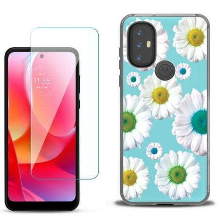 Slim-Fit Gel TPU Phone Case for Motorola Moto G Power 2022 with Tempered Glass Screen Protector by OneToughShield ® - Daisy/Teal