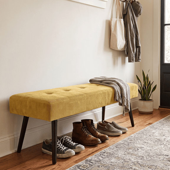 Kithkasa Modern Entryway Bench,Corduroy Seat for End of Bed,Yellow