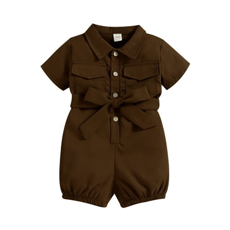 

TAIAOJING Outfits For Girls Kids s Stylish Jumpsuits Short Sleeve Button Down Overalls Elastic Waist Turndown T Shrit Collar Romper Set Girl Clothing 18-24 Months