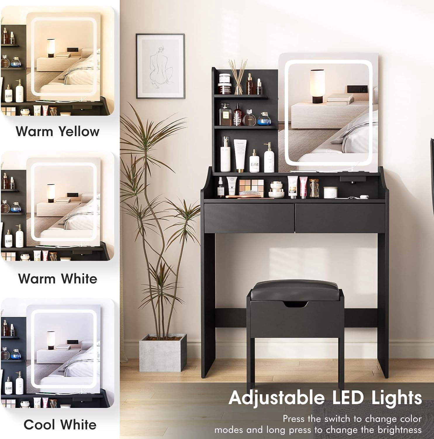 VEANERWOOD Makeup Vanity Set with Lights and Power Strip,Vanity Dressing Table with Drawers and Shelves for Bedroom,Black