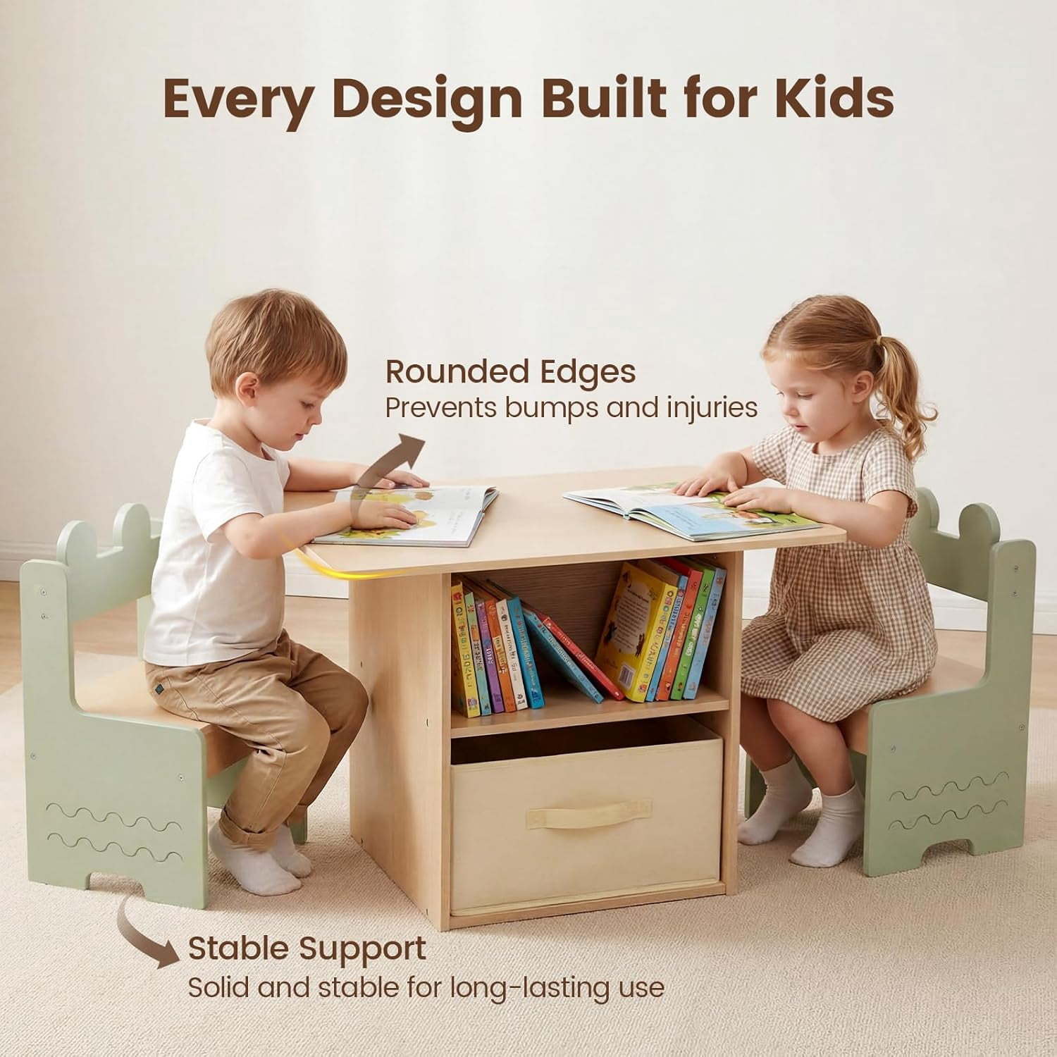 OLAKIDS Kids Table and Chair Set, 4 in 1 Wooden Activity Desk with Foldable Storage Drawer, Children Furniture for Art Crafts Drawing Reading Dining