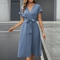 thumbnail image 5 of CIENVNSTG Midi Dresses for Women Formal Mid Length Dresses a Line Vestidos Slim Fit V Neck Short Sleeve Tight Waist Elegant Splice Lace Up Bow Summer Dress Cover Up Formal Sky Blue S, 5 of 7