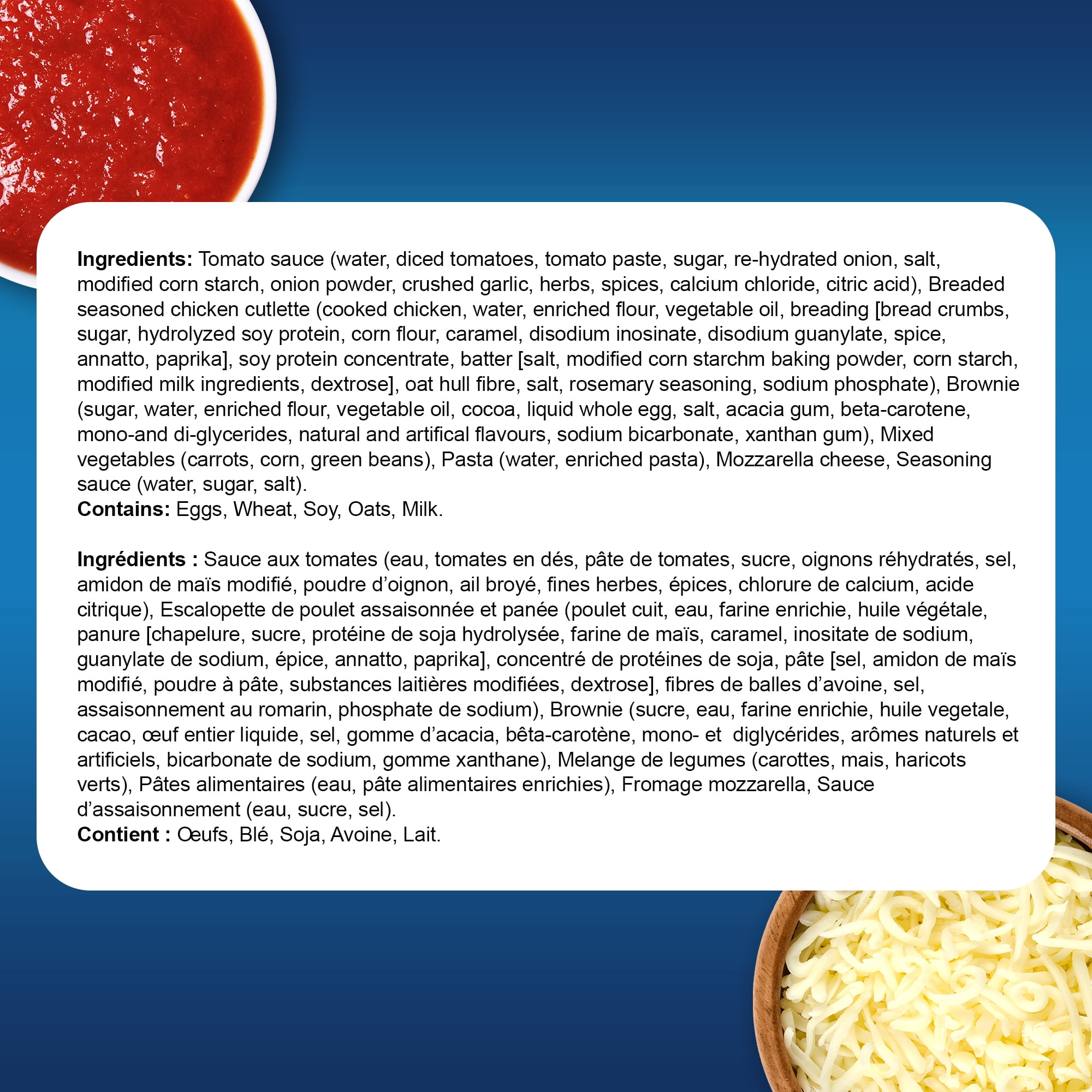 Swanson Chicken Parmigiana: frozen dinner, with mixed vegetables, pasta, and a brownie