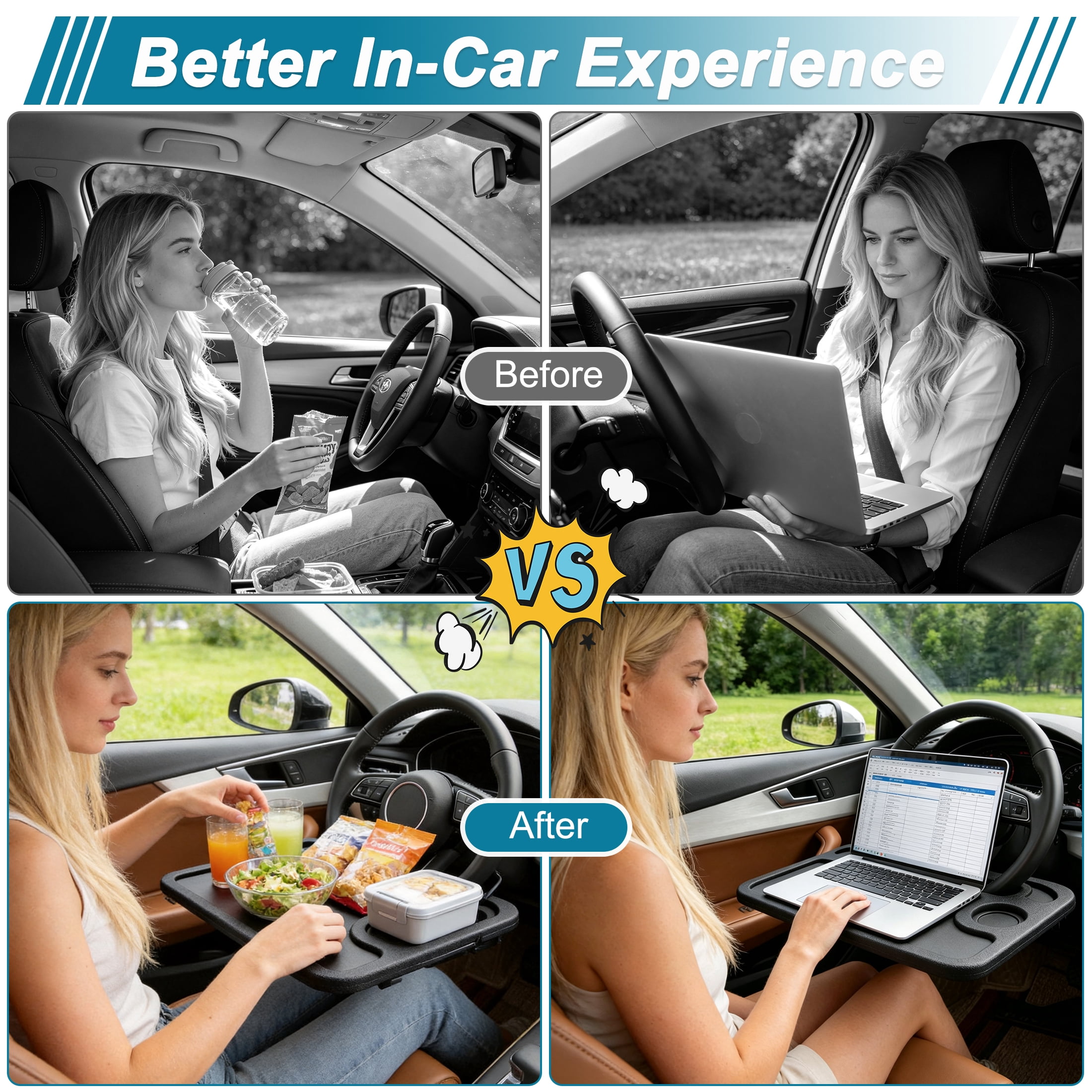 GARITIN Car Steering Wheel Tray, Multi‑Function Car Laptop Desk Table, Portable Auto Steering Wheel Work Food Tray for Eating Working Notebook